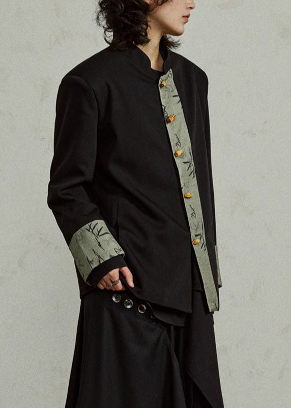 Chinese Style Black Stand Collar Print Button Coats Fall
