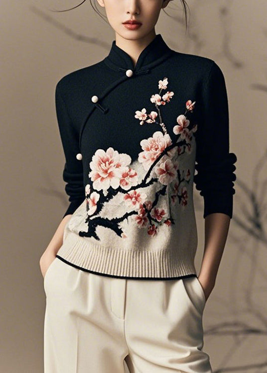 Chinese Style Black Stand Collar Print Knit Sweaters Winter