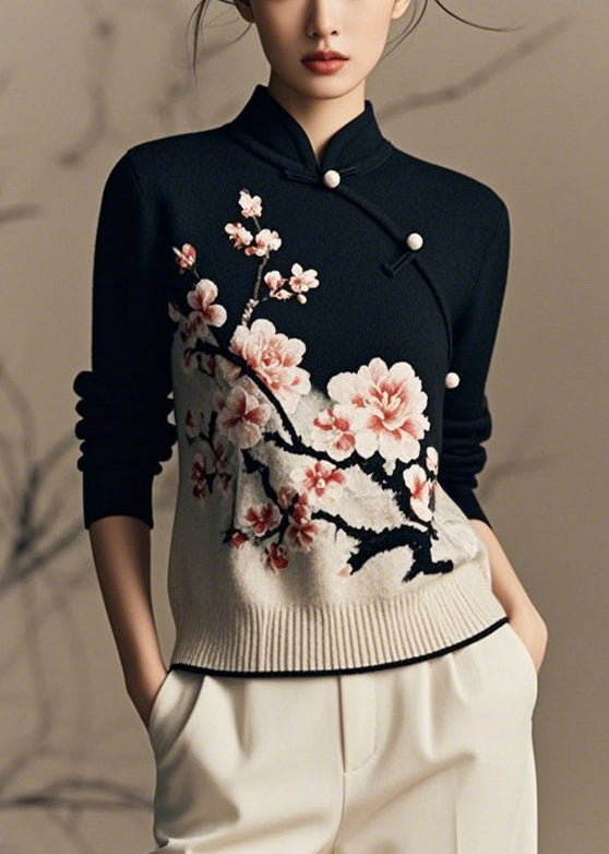 Chinese Style Black Stand Collar Print Knit Sweaters Winter