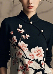 Chinese Style Black Stand Collar Print Knit Sweaters Winter