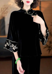 Chinese Style Black Stand Collar Print Silk Velour Shirts Flare Sleeve