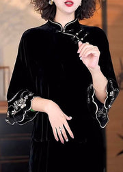 Chinese Style Black Stand Collar Print Silk Velour Shirts Flare Sleeve