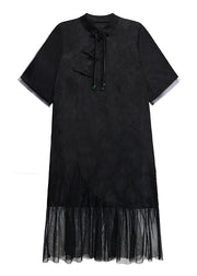 Chinese Style Black Tasseled Print Tulle Patchwork Silk Dresses Summer