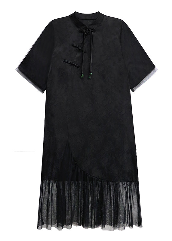 Chinese Style Black Tasseled Print Tulle Patchwork Silk Dresses Summer
