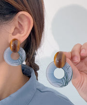 Chinese Style Blue Alloy Acrylic Amber Hoop Earrings