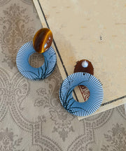 Chinese Style Blue Alloy Acrylic Amber Hoop Earrings