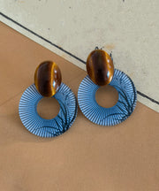 Chinese Style Blue Alloy Acrylic Amber Hoop Earrings