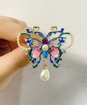 Chinese Style Blue Alloy Zircon Butterfly Pearl Hollow Out Hairpin
