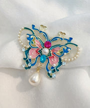 Chinese Style Blue Alloy Zircon Butterfly Pearl Hollow Out Hairpin