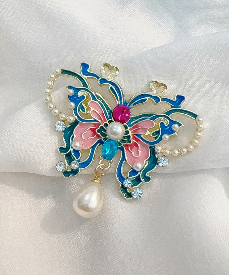 Chinese Style Blue Alloy Zircon Butterfly Pearl Hollow Out Hairpin