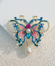 Chinese Style Blue Alloy Zircon Butterfly Pearl Hollow Out Hairpin