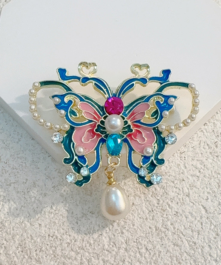 Chinese Style Blue Alloy Zircon Butterfly Pearl Hollow Out Hairpin