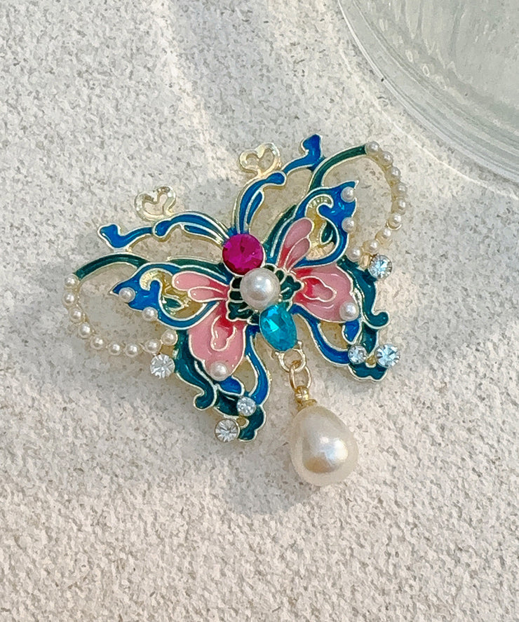 Chinese Style Blue Alloy Zircon Butterfly Pearl Hollow Out Hairpin