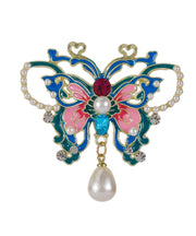 Chinese Style Blue Alloy Zircon Butterfly Pearl Hollow Out Hairpin