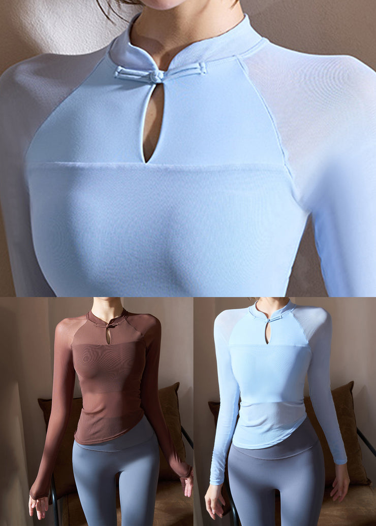 Chinese Style Blue Button Yoga Wrap Top Spring