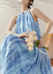 Chinese Style Blue Cold Shoulder Wrinkled Long Dresses Summer