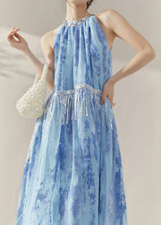 Chinese Style Blue Cold Shoulder Wrinkled Long Dresses Summer