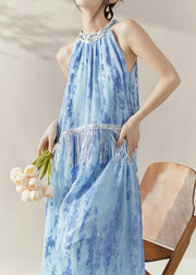 Chinese Style Blue Cold Shoulder Wrinkled Long Dresses Summer