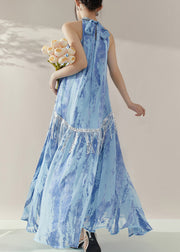 Chinese Style Blue Cold Shoulder Wrinkled Long Dresses Summer