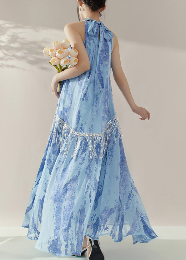 Chinese Style Blue Cold Shoulder Wrinkled Long Dresses Summer