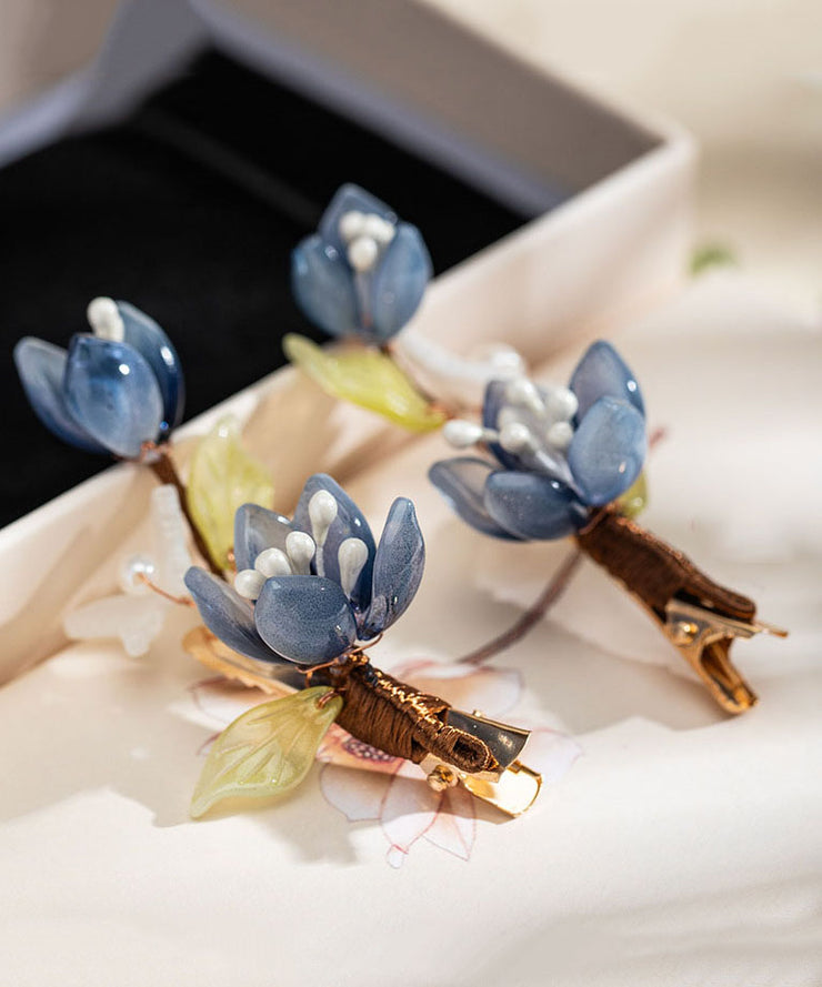 Chinese Style Blue Copper Overgild Pearl Colored Glaze Lotus A Pair Hairpin