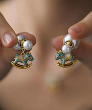 Chinese Style Blue Copper Overgild Pearl Foal Stud Earrings