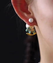 Chinese Style Blue Copper Overgild Pearl Foal Stud Earrings