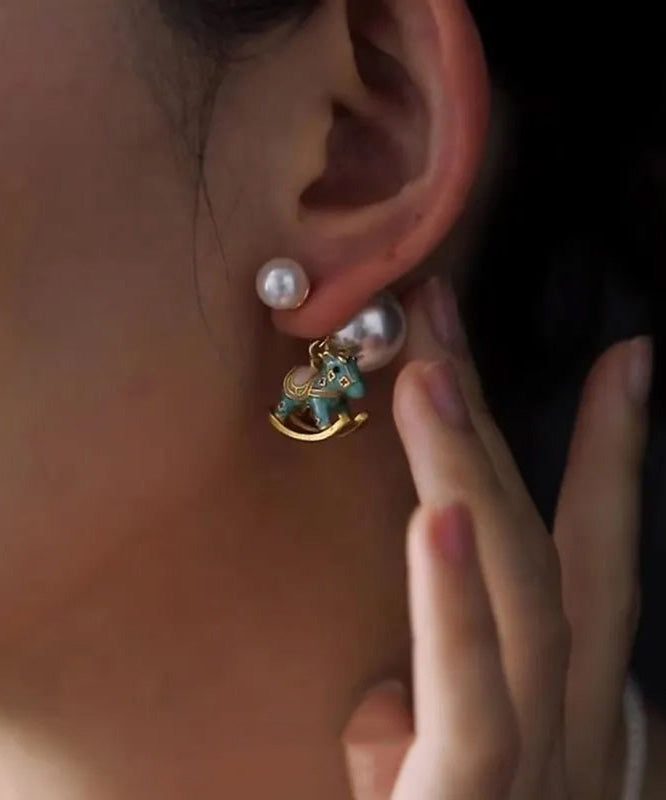 Chinese Style Blue Copper Overgild Pearl Foal Stud Earrings