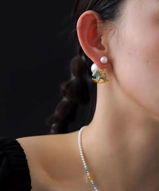 Chinese Style Blue Copper Overgild Pearl Foal Stud Earrings