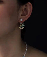 Chinese Style Blue Copper Overgild Pearl Foal Stud Earrings