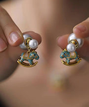 Chinese Style Blue Copper Overgild Zircon Pearl Drip Glaze Little Rocking Horse Stud Earrings