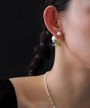 Chinese Style Blue Copper Overgild Zircon Pearl Drip Glaze Little Rocking Horse Stud Earrings