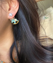 Chinese Style Blue Copper Overgild Zircon Pearl Drip Glaze Little Rocking Horse Stud Earrings