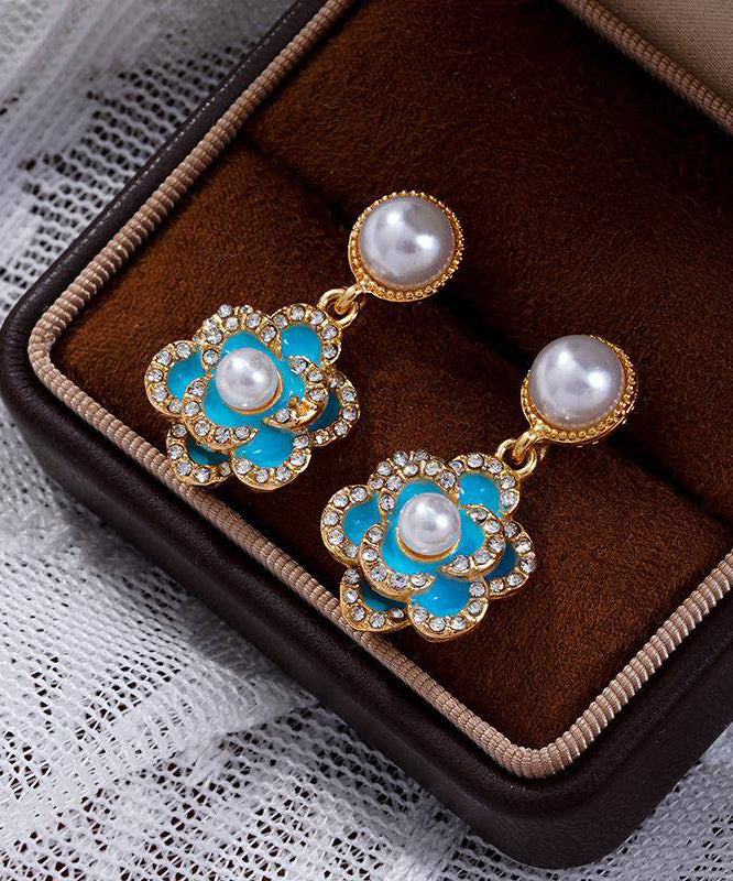 Chinese Style Blue Copper Zircon Pearl Turquoise Camellia Flower Drop Earrings