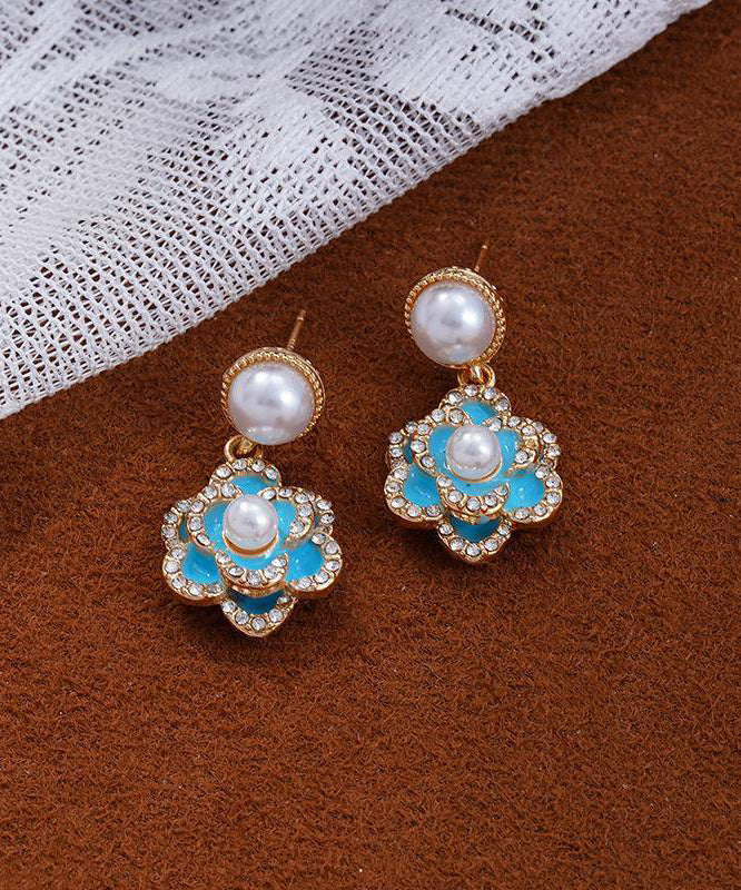 Chinese Style Blue Copper Zircon Pearl Turquoise Camellia Flower Drop Earrings