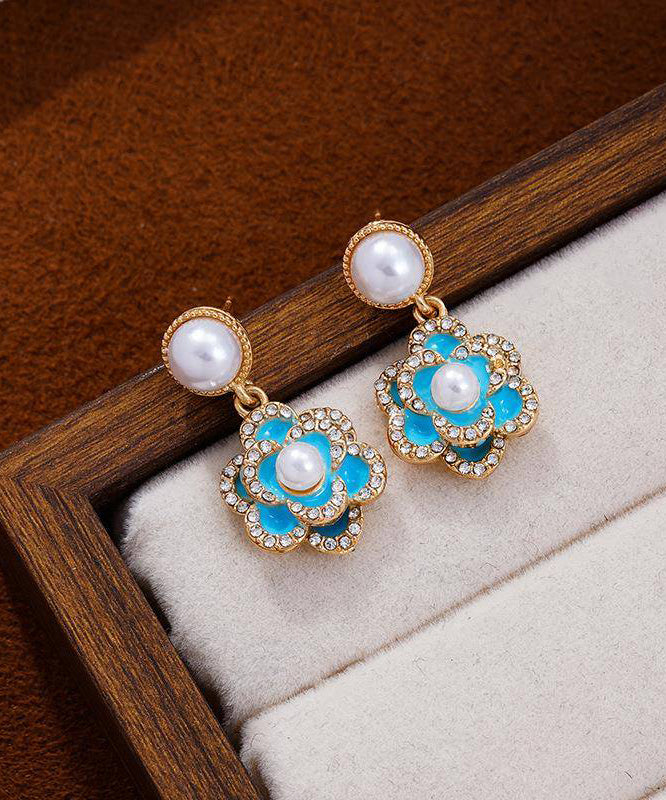 Chinese Style Blue Copper Zircon Pearl Turquoise Camellia Flower Drop Earrings