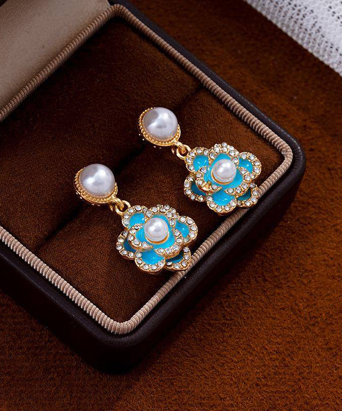 Chinese Style Blue Copper Zircon Pearl Turquoise Camellia Flower Drop Earrings