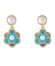 Chinese Style Blue Copper Zircon Pearl Turquoise Camellia Flower Drop Earrings