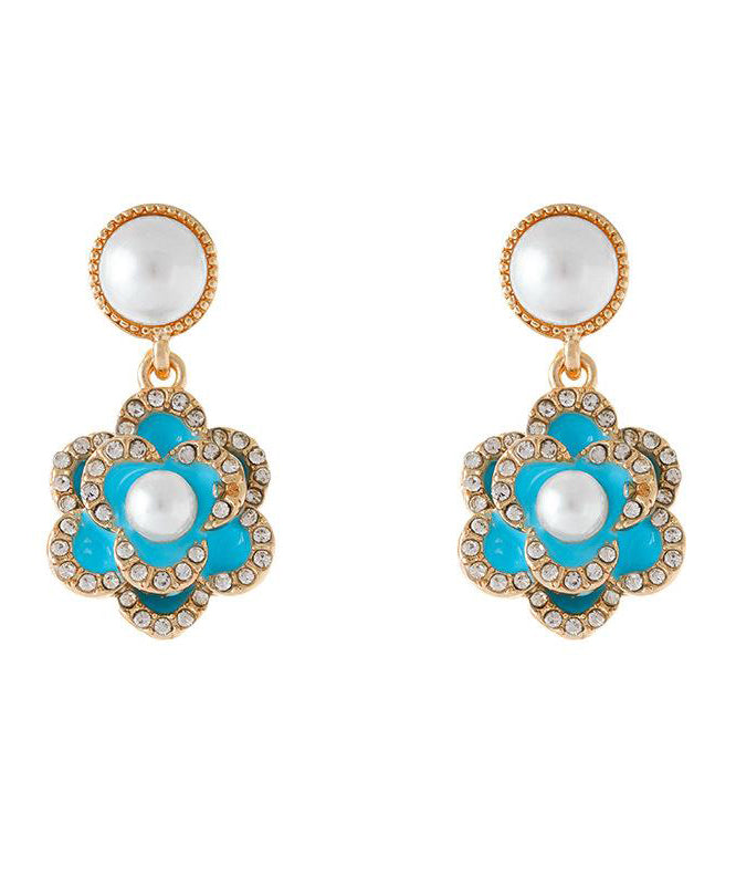 Chinese Style Blue Copper Zircon Pearl Turquoise Camellia Flower Drop Earrings