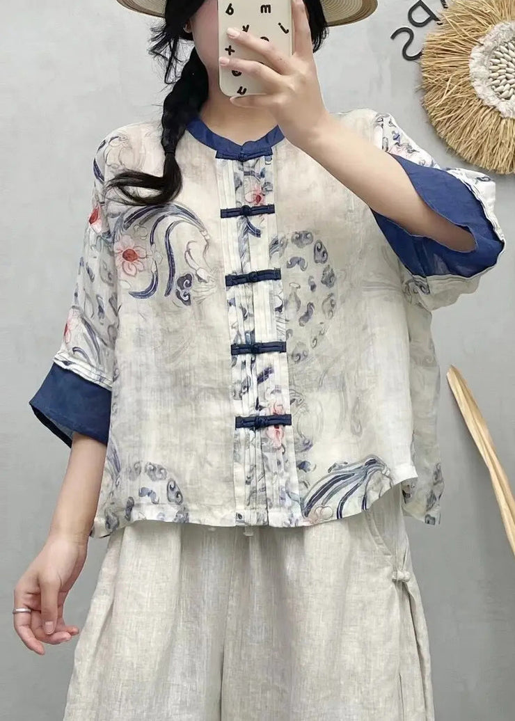 Chinese Style Blue Print Patchwork Linen Shirts Summer