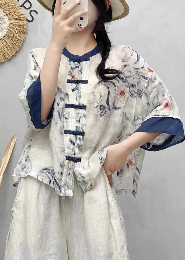 Chinese Style Blue Print Patchwork Linen Shirts Summer