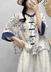 Chinese Style Blue Print Patchwork Linen Shirts Summer