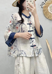 Chinese Style Blue Print Patchwork Linen Shirts Summer
