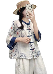 Chinese Style Blue Print Patchwork Linen Shirts Summer