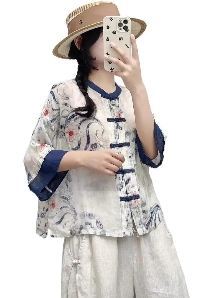 Chinese Style Blue Print Patchwork Linen Shirts Summer