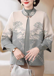 Chinese Style Blue Stand Collar Cotton Knit Cardigans And Sweater Two Pieces Set Fall