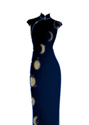 Chinese Style Blue Stand Collar Print Long Dress Short Sleeve