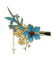 Chinese Style Blue Sterling Silver Overgild Pearl Floral Tassel Hairpin