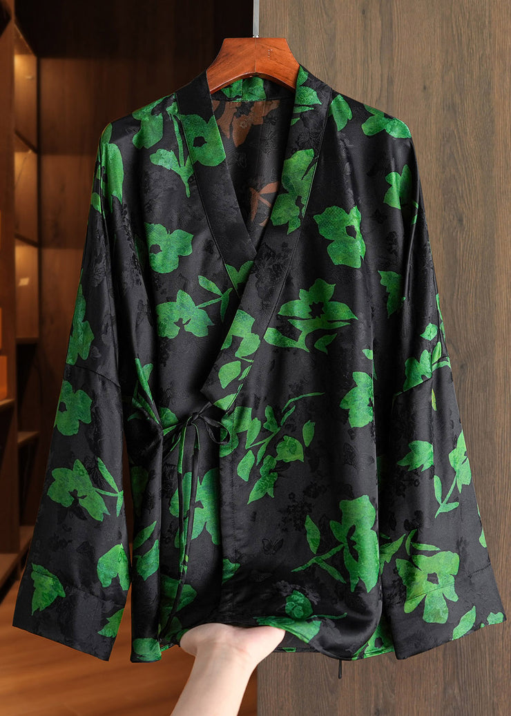 Chinese Style Blue V Neck Print Tie Waist Coats Fall