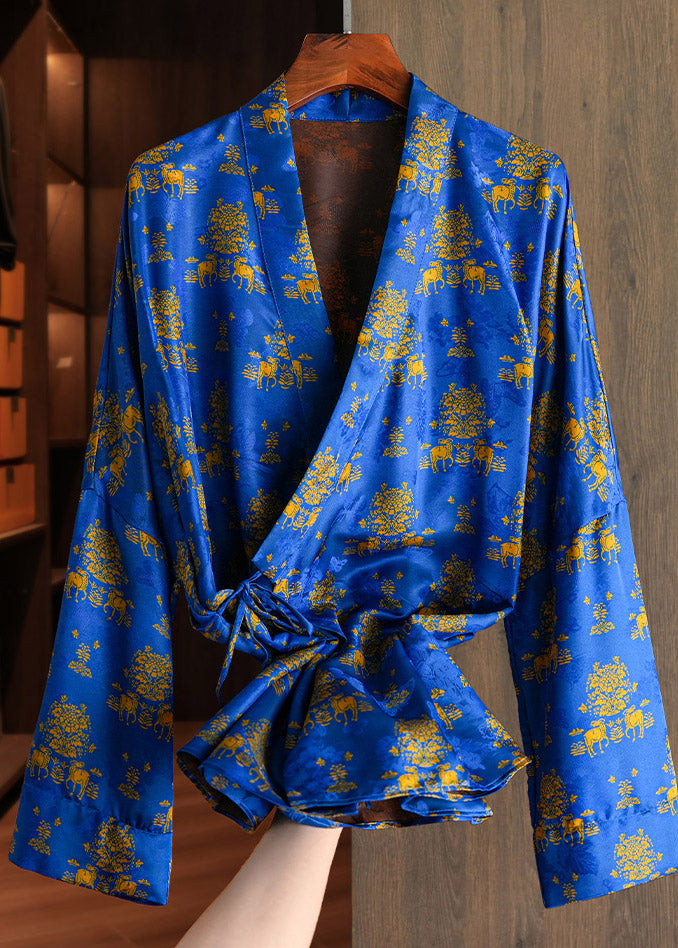 Chinese Style Blue V Neck Print Tie Waist Coats Fall